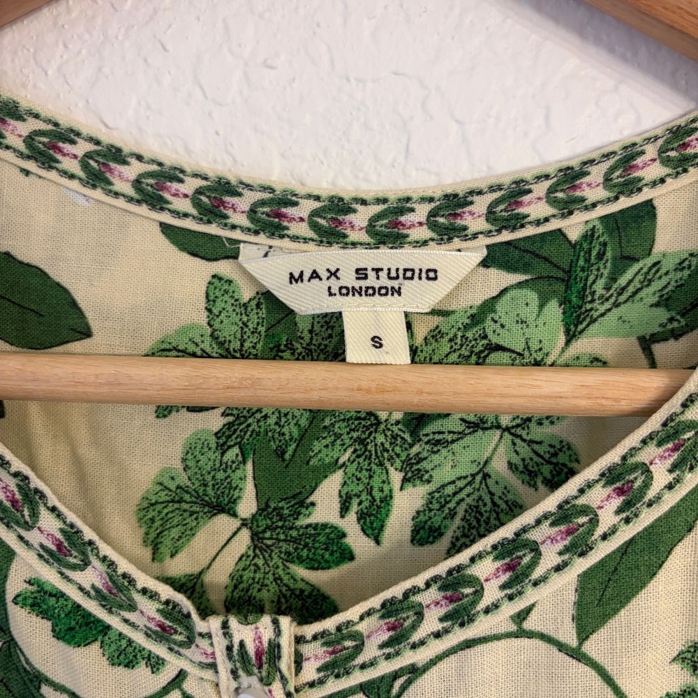 Max Studio Linen Blend Midi Dress S Botanical Floral European Summer Tiered - Picture 5 of 12